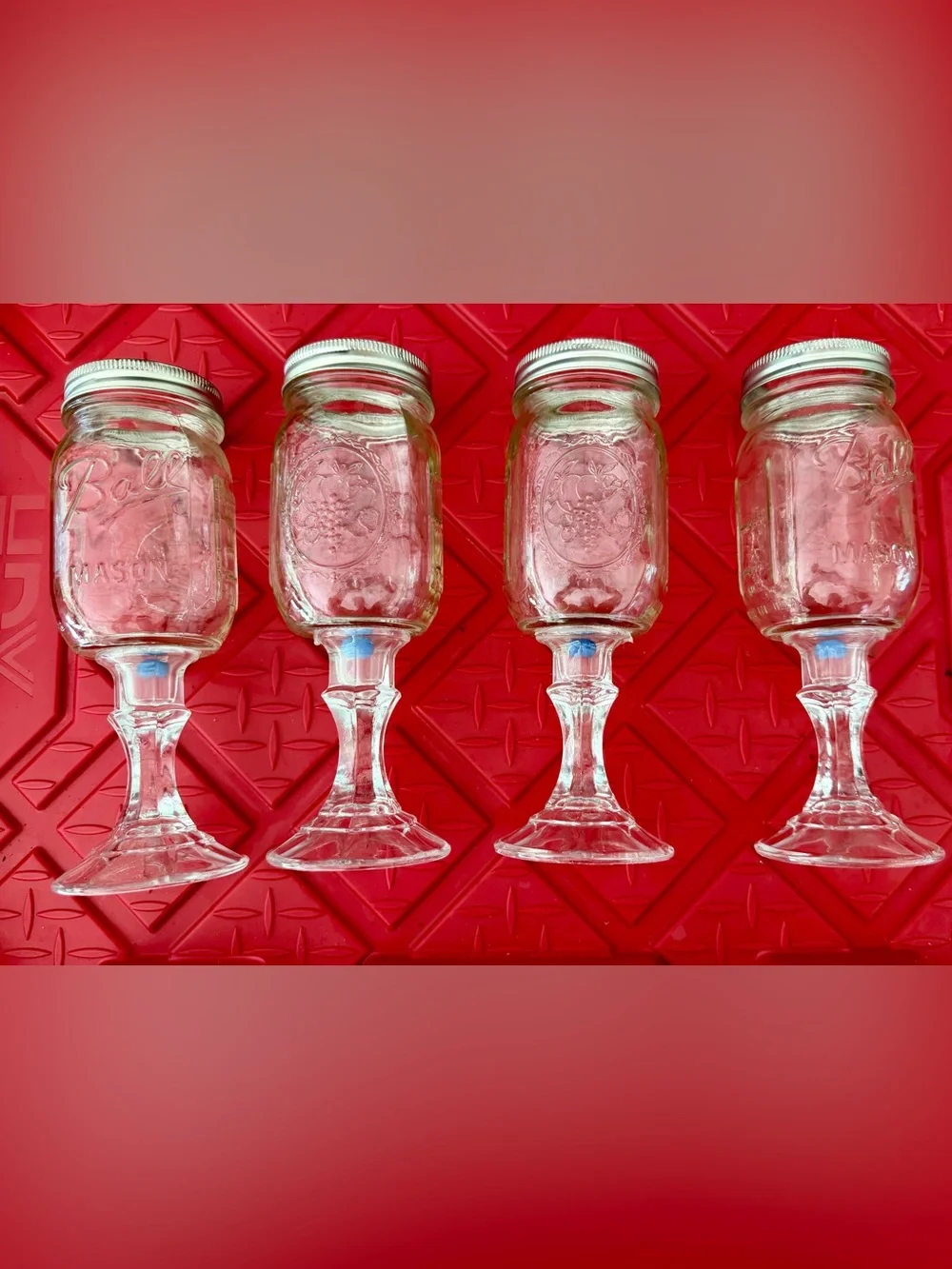 Clear Mason Jar Stemmed Glasses with Silver Lids - Set of 4